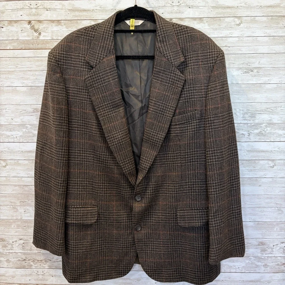 Vtg 80s Casual Options Mens 46R Blazer‎ Brown Wool Glen Plaid Tweed Made in USA